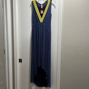 Medium Navy Blue white poka dot dress with lime Vneck